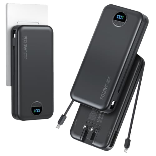 20000mAh Ultra Portable Charger Power Bank with inBuilt Cables&AC Wall Plug | PD20W USB-C Fast Charging Cell Phone Charger Battery Pack,LED Display Travel Battery Bank for All iPhone,Samsung,Android - color: Black-20Ah