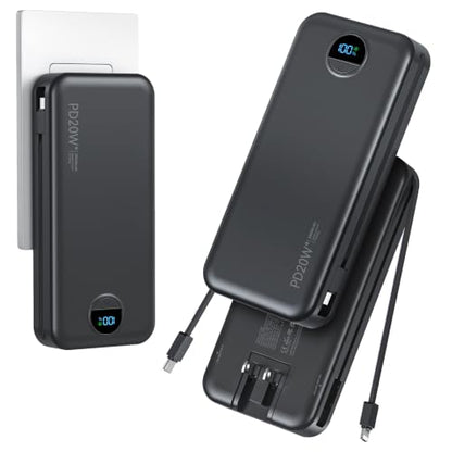 20000mAh Ultra Portable Charger Power Bank with inBuilt Cables&AC Wall Plug | PD20W USB-C Fast Charging Cell Phone Charger Battery Pack,LED Display Travel Battery Bank for All iPhone,Samsung,Android - color: Black-20Ah
