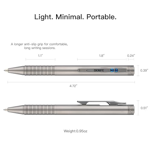 OKNIFE B1 Ti Titanium Pen with 2-in-1 Clip, 2 pcs Refills | Bolt Action EDC Pen with Built-in Spinning Top for Smooth Writing and Everyday Carry (Titanium) - color: titanium