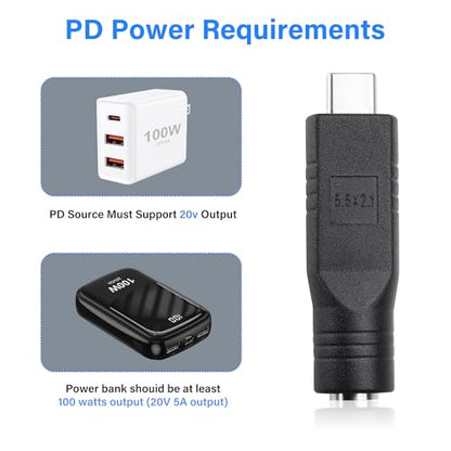 USB C Male to DC Female Power Adapter Type-C to DC 5.5 x 2.1mm Female Converter Work with 20V/100W+ Type-C PD Source（2-Pack）