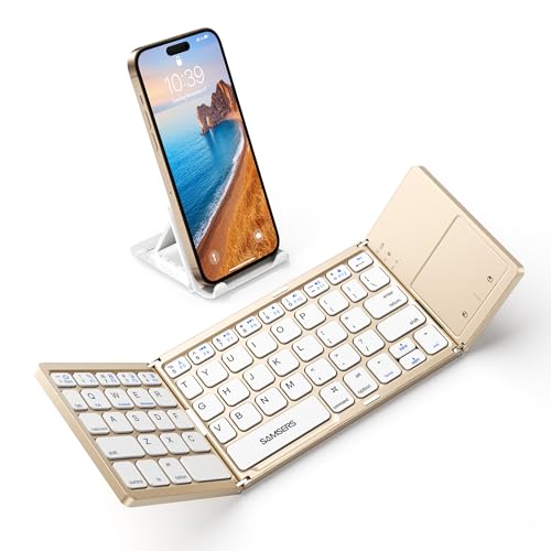 Samsers Foldable Bluetooth Keyboard with Touchpad, Ultra Slim Compact, Gold | Multi-touch Trackpad, Full Size, Phone Holder, USB-C Charging, 1 Device, for Android Windows iOS Mac OS, Mobile Productivity - color: Desert Gold, size: 1-Device
