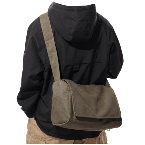 Messenger Bag for Men, Crossbody Bag Aesthetic, Water Resistant Unisex Classic Canvas Shoulder Bag - color: B2-khaki