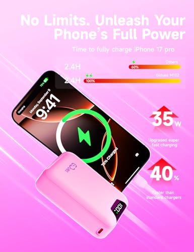 M2 Portable Charger, 20000mAh Power Bank, PD 35W Ultra Fast USB-C Built-in Cable, Compact Cute Mini External Battery Pack for iPhone, Samsung, Android iPad (Pink) - color: Pink