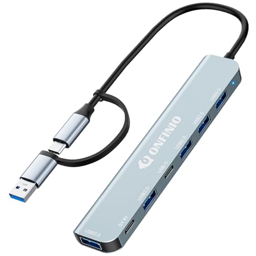 ONFINIO USB C/USB Hub Multiport Adapter,7 in 1 Aluminum USB 3.0 Hub with 1 *USB 3.0, 4*USB 2.0,1*USB C and 1 * 5IN Power Port for PC/Laptop/MacBook/iPad Pro and More Devices