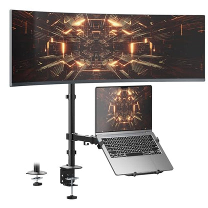 PUTORSEN Monitor and Laptop Mount Stand for Max 49" Screen and 18" Notebook | Fully Adjustable Monitor Arm, Vented Tray, Holds up to 44lbs, 2 Mounting Options