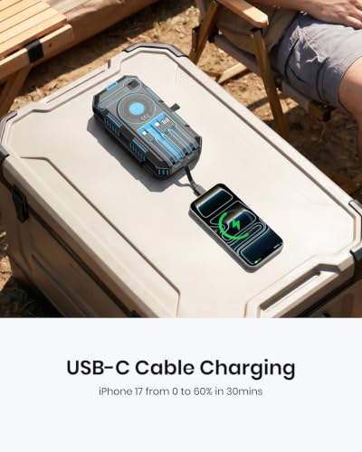 FEELLE Solar Power Bank 50000mAh Magnetic Portable Charger with Hand Crank | Built in 4 Cables & 4 Solar Panels, PD QC 3.0 Fast Charging Battery Pack, Flashlight for Outdoor, Charge 6 Devices at Once - color: Blue