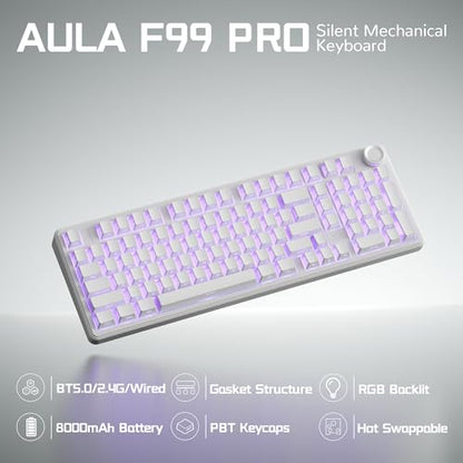 Aula F99 Pro Wireless Silent Mechanical Keyboard with Knob,Tri-Mode 2.4GHz/BT5.0/USB-C Hot Swappable,Pre-lubed Linear Switches RGB Backlit,Gasket Mounted,White PC Gaming Keyboard for Win/Mac - color: White