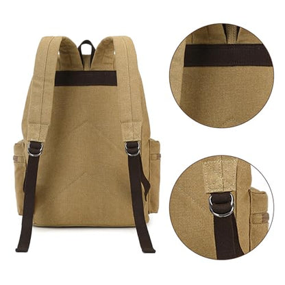 Retro Canvas & Leather Laptop Backpack, 15.6 Inch Durable Unisex Bag for Hiking, Work & Travel, Water Resistant Daypack - color: Khaki