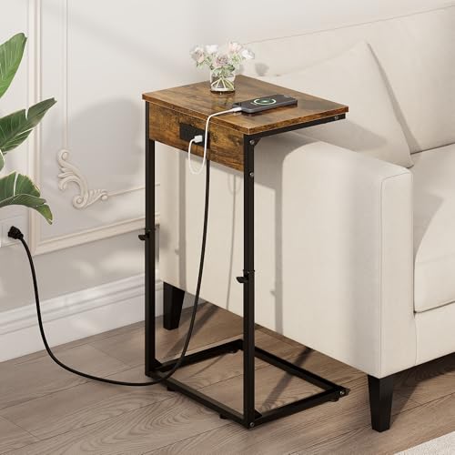 C Shaped End Tables Set of 2 with Charging Station, 33.2'' Tall C Table Adjustable Height Side Table, Small Side Table for Small Spaces, Couch Sofa Table TV Tray for Living Room, Rustic Brown - color: Rustic Brown (2 Pack), style: With Plug