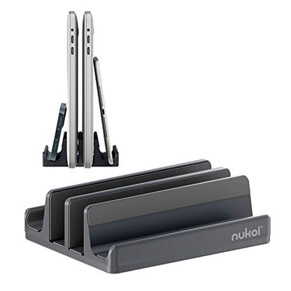 Vertical Laptop Stand - SPACEMax Adjustable GRIPLock Anti-Tip Silicone 4 Slots Aluminum Desktop Holder - Double Dock Stand - 2 Phone Slots Fits Up to 17.3” Laptops, Tablets, Phones - Gray - color: Gray
