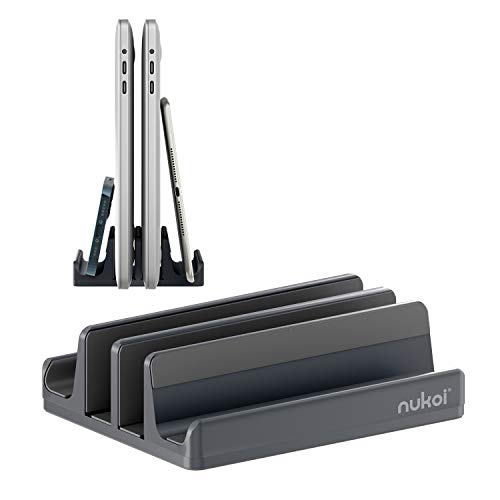 Vertical Laptop Stand - SPACEMax Adjustable GRIPLock Anti-Tip Silicone 4 Slots Aluminum Desktop Holder - Double Dock Stand - 2 Phone Slots Fits Up to 17.3” Laptops, Tablets, Phones - Gray - color: Gray