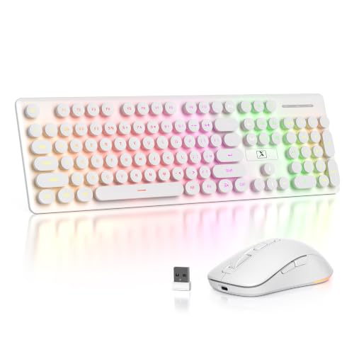 Backlit Wireless Keyboard and Mouse, 2.4GHz Light Up Typewriter Rechargeable Cordless Quiet Keyboard with USB Receiver for PC/Laptop (White) - color: White