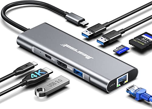 Hiearcool USB C Hub Ethernet 8-in-1, 4K@60Hz USB-C to HDMI Multiport Adapter with 1Gbps RJ45, 100W PD, 3 USB 3.0, SD/TF, Compatible for MacBook Pro/Air, Dell, Lenovo Laptops - color: Grey