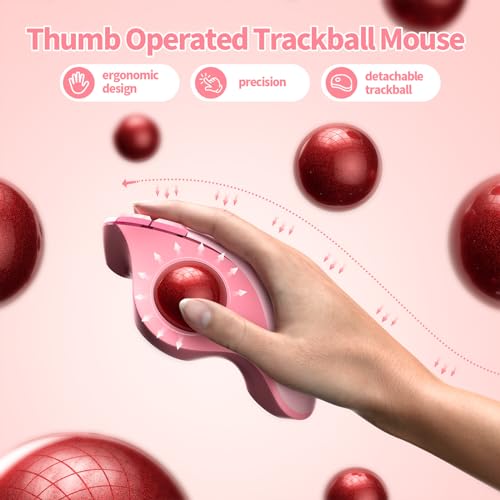 seenda Wireless Trackball Mouse, Ergonomic Bluetooth Rollerball Mouse,Pink | USB-C rechargeable, 3-device Bluetooth+2.4G USB, thumb control, 5-level DPI and space-saving comfort for laptop, PC and Mac. - color: Pink