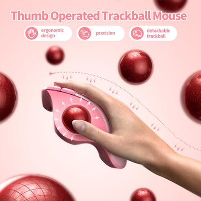 seenda Wireless Trackball Mouse, Ergonomic Bluetooth Rollerball Mouse,Pink | USB-C rechargeable, 3-device Bluetooth+2.4G USB, thumb control, 5-level DPI and space-saving comfort for laptop, PC and Mac. - color: Pink