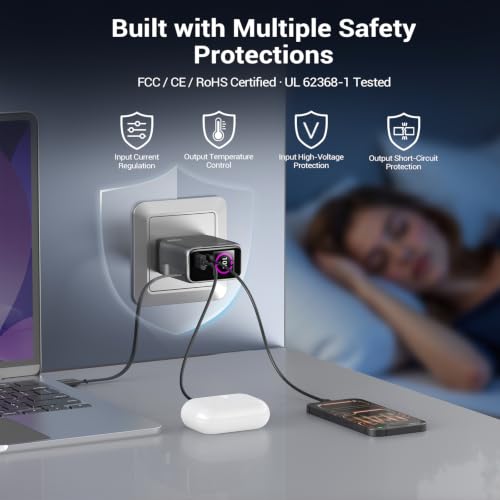 Compact 100W GaN Retractable USB C Wall Charger with Smart Display | Durable Built-in Retractable Cable, Foldable Plug, Compatible Laptop, MacBook, iPhone, Galaxy, Pixel, iPad(Non-Battery)