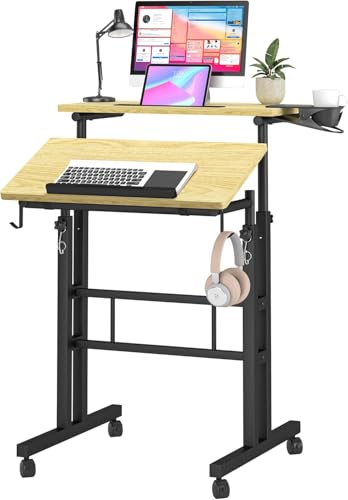Klvied Stand Up Desk on Wheels, Portable Computer Desk for Home Office,Rolling Desk for Laptop with Removable Cup Holder, Adjustable Laptop Cart for Standing or Sitting,Natural - color: Natural