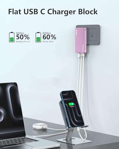 65W GaN USB C Wall Charger Block,3 Port Ultra Thin Flat USB-C Charging Plug,Foldable USB Power Adapter for MacBook,iPhone 15/16,Samsung (Pink) - color: Pink