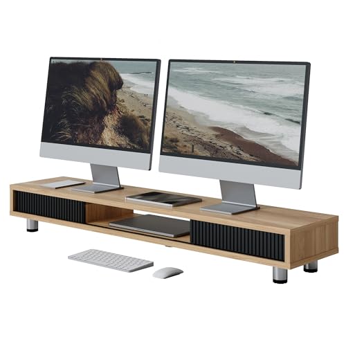 Fenge Dual Monitor Stand with Storage, Desk Shelf with Glass Sliding Door | Ergonomic Height Adjustment, 42.5in Monitor Shelf, 2-Tier Monitor Riser, Desk Organizer for Screen, PC, Laptop, Dark Oak - color: Dark Oak