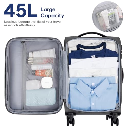 UKEIN Expandable Carry On Luggage 22x14x9 Airline Approved, 20Inch Softside Carry On Suitcase with Wheels & TSA Lock, Travel Suitcase with 4-Piece Packing Bags for Women Men (Grey, Carry on （20in）)