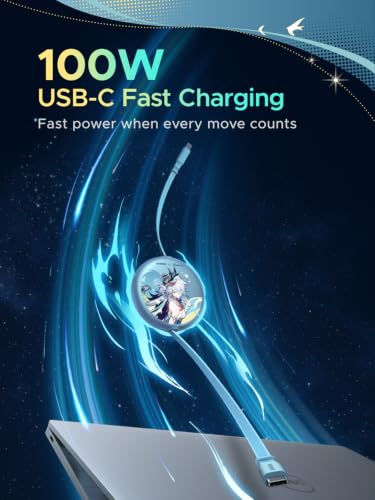 UGREEN Nexode 100W Retractable Cable Honkai: Star Rail, Glacier Blue, 3.3FT | USB C Charger Cable for iPhone 17/16, MacBook Pro/Air, Galaxy S26/S25, iPad Pro/Air, Pixel 10/9, Switch, AirPods - color: Glacier Blue