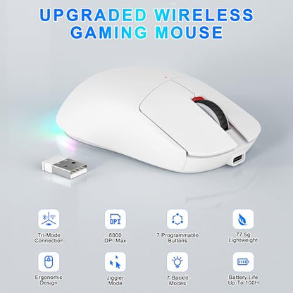 Bluetooth Wireless Gaming Mouse for MacBook Air PC iPad Pro, Ergonomic Rechargeable Laptop Mice with Jiggler Mode, 8000DPI RGB Computer Mouse Wired/Bluetooth 5.3/2.4G USB 3 Mode Connect - White
