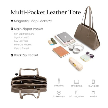befen Genuine Leather Tote Bag for Women Work Travel Leather Purse Handbags | Real Leather, Padded 14" Laptop Compartment, Multi-Pockets, Zipper, Tote Bag for Daily - color: Z3-taupe