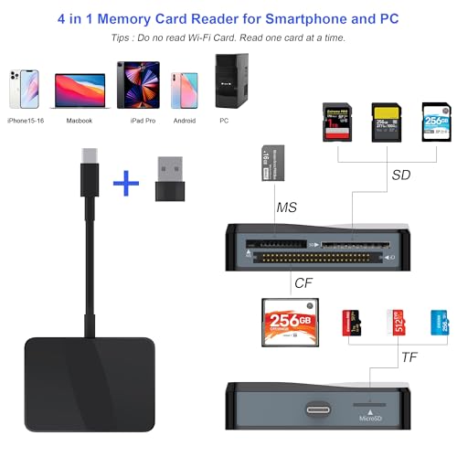 SD Card Reader, 4 in 1 USB C to SD/TF/CF/MS Card Reader with USB to USB C Adapter Memroy Card Reader for iPhone 17/16/15 Pro Max iPad Pro MacBook Pro/Air iMac M4/M3/M2 Android Phone/Tablet PC (Black) - color: Black