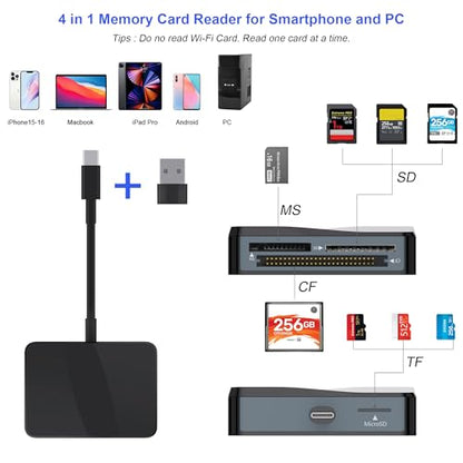 SD Card Reader, 4 in 1 USB C to SD/TF/CF/MS Card Reader with USB to USB C Adapter Memroy Card Reader for iPhone 17/16/15 Pro Max iPad Pro MacBook Pro/Air iMac M4/M3/M2 Android Phone/Tablet PC (Black) - color: Black