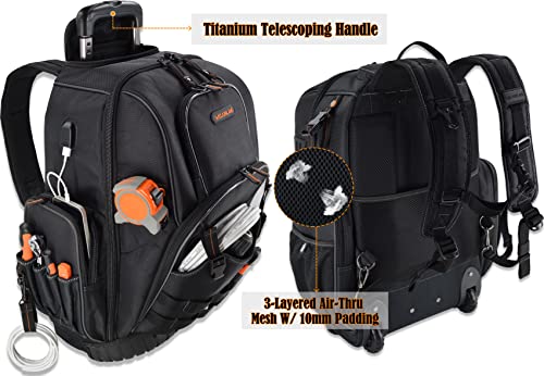 WELKINLAND 72Pockets Rolling Tool backpack, Large tool bag with wheels, Rolling Electrician bag with wheels for men