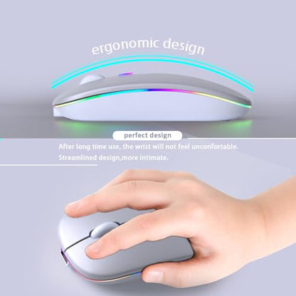 KANMABPC Wireless Bluetooth Mouse – Rechargeable, Silent, Dual Mode (Bluetooth 5.2 & USB) with LED Lights – Portable for Laptop, Desktop, & Tablet(Silver) - color: Silver