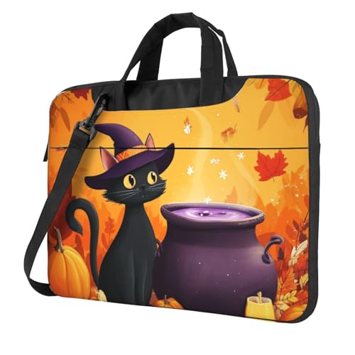 Laptop Bag for Women Men Portable Computer Carrying Case with Handle Strap Waterproof Shoulder Messenger Bag - color: Halloween Cat Orange Pumpkin, size: 14 Inch