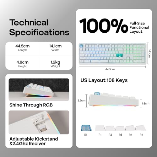 EPOMAKER HE108 Wireless Gaming Keyboard, 8K Polling & 10000mAh, SOCD & DKS | Full-Sized Hall Effect Keyboard with Rapid Triggering, Custom Driver, RGB Backlit, PBT Keycap (White) - color: White