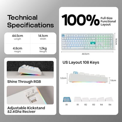 EPOMAKER HE108 Wireless Gaming Keyboard, 8K Polling & 10000mAh, SOCD & DKS | Full-Sized Hall Effect Keyboard with Rapid Triggering, Custom Driver, RGB Backlit, PBT Keycap (White) - color: White