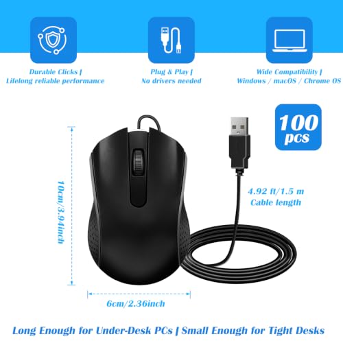 Wired Computer Mice 100 Pack Mini USB Silent Mouse Bulk, Ergonomic 3 Button Plug and Play Mice for Students Office School Home Remote Work PC