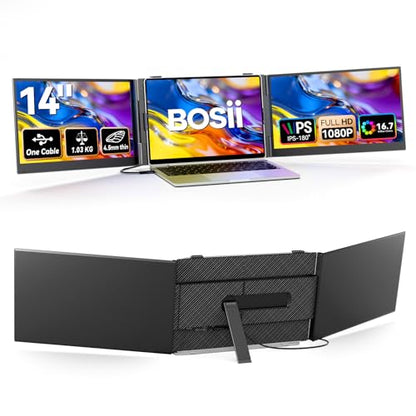 BOSII Laptop Screen Extender One Cable - Triple 14" Ultra Thin IPS FHD 1080P Portable Monitor for 13.3"-17" Laptops Compatible with Windows Mac Travel Work - size: 14.1"