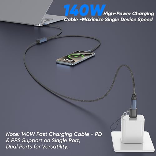 USB C to USB C 2 in 1 Multi Charging Cable 4FT, 140W Fast Charge USB-C Splitter Chargering Cable with 2 Type C Ports for iPhone 17/16/15 Series, Samsung Galaxy S25, iPad, MacBook Air/Pro, Lenovo