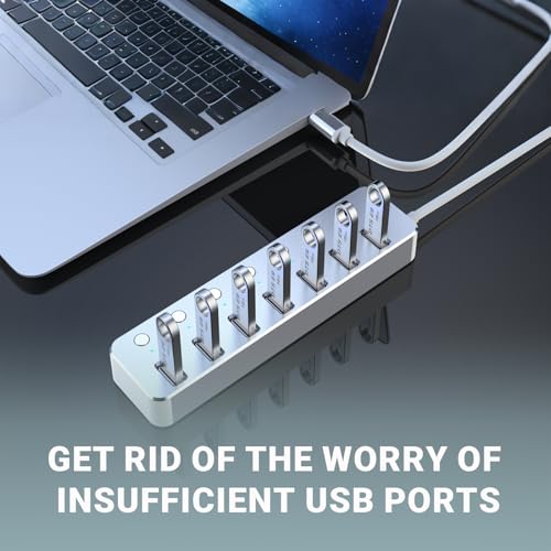 USB 3.0 Hub 7 Port USB Hub with 2ft Long Cable Aluminum USB Hub for Laptop and PC with Individual On/Off Switch and LED Indicator - color: Silver