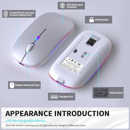 KANMABPC Wireless Bluetooth Mouse – Rechargeable, Silent, Dual Mode (Bluetooth 5.2 & USB) with LED Lights – Portable for Laptop, Desktop, & Tablet(Silver) - color: Silver