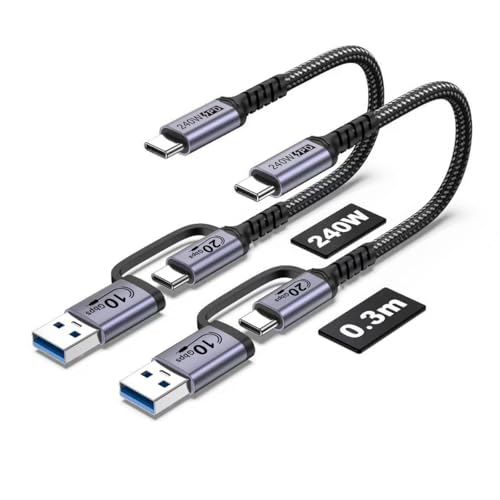 20Gbps Android Auto USB C Cable 1ft 2pack，2-in-1 USB C CarPlay Cable | 240W Fast Charge 20Gbps Data Transfer , Compatible with iPhone 17 15 Pro Max, Galaxy S23, Pixel 9 Pro XL - color: Silver, size: 1ft,1ft