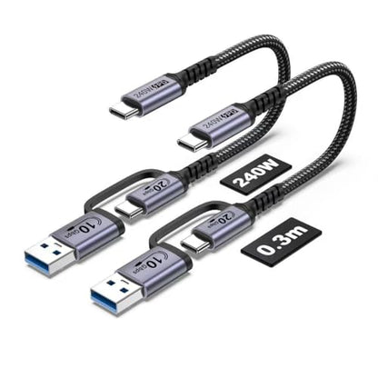 20Gbps Android Auto USB C Cable 1ft 2pack，2-in-1 USB C CarPlay Cable | 240W Fast Charge 20Gbps Data Transfer , Compatible with iPhone 17 15 Pro Max, Galaxy S23, Pixel 9 Pro XL - color: Silver, size: 1ft,1ft