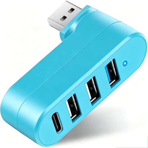 VIENON 4-Port USB 3.0 Hub [90°/180° Degree Rotatable], USB Splitter with PD-in 5W USB C Port, USB Extender for Laptop, Car, iMac, MacBook Air, MacBook Pro, and More (Blue) - color: Blue
