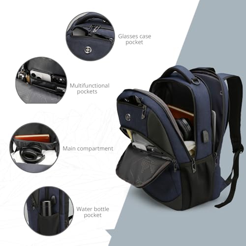 Swissdigital Design Backpack for Men & Women Fit 16 Inch Computer SD1670-12 | Travel Laptop Backpack, College Bag, Business Backpack, with USB Charging Port, RFID Protetion Pocket, Water Bottle, Blue - color: Dark Blue