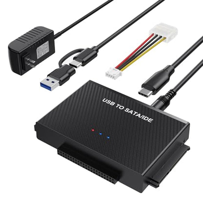 Hard Drive Reader USB 3.0 to SATA IDE Adapter, IDE SATA to USB + Type C External Hard Drive Adapter Data Recovery Converter Kit for Universal 2.5 3.5 HDD SSD Drive Disk, with 12V/2A Power Adapter
