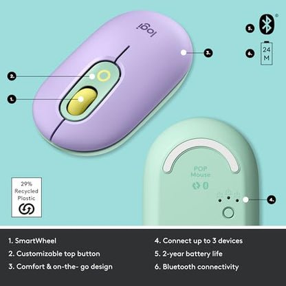 Logitech POP Mouse, Compact and Portable Wireless Mouse - Daydream Mint | Compact and Portable, Programmable Buttons, Quiet Clicks, Easy-Switch Between 3 Devices, Compatible with Laptop,Tablet, PC - color: Daydream Mint