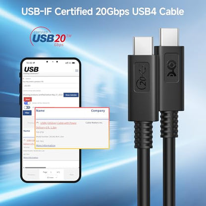Cable Matters [USB-IF Certified] 20Gbps USB C Cable / USB4 Cable, 6ft | [4K@120Hz Video, 100W Charging, 20Gbps Data Transfer] USB 4 Cable, Black - color: Black, size: 6 Feet