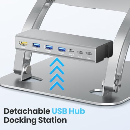 tounee Laptop Stand with Detachable USB-C Hub, 100W PD Charging, 4K@60Hz HDMI, 3 USB Ports, Ergonomic Laptop Holder Docking Station for 10-17" Laptops, MacBook & More - Silver - color: Silver
