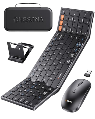 CHESONA Foldable Keyboard and Mouse Combo - Ultra Slim 600g with 2.4G+Dual Bluetooth Compact Wireless Folding Keyboard with Stand - Portable for Business/Travel with Case - Win/Mac/iOS/Android - Black