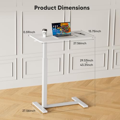 Mobile Standing Desk with Wheels, Rolling Laptop Table, Adjustable Overbed Table for Hospital & Home Use, Compact & Sturdy, Modern White