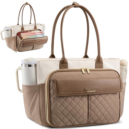 LOVEVOOK Teacher Tote Bag for Women, Laptop Bag Briefcase with Accordion File Pocket, Nurse Handbag for Work, Travel, College | 40oz Cup Holder - color: Khaki-beige-coffee, size: 15.6 Inch